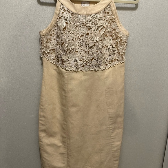 Anthropologie Postage Stamp Oleander crochet Linen Sheath Dress Size 10 Cream - Picture 9 of 14